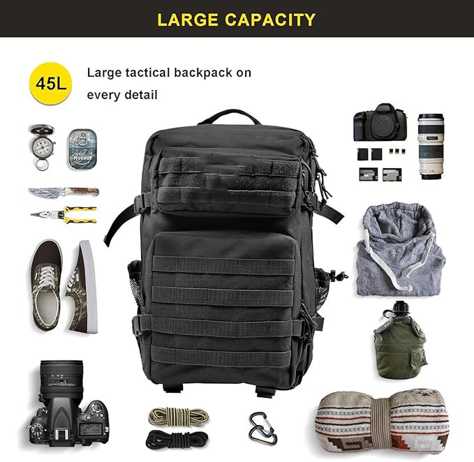Zavothy 45L Military Tactical Backpack Army 3-Day Assault Pack Bug Out Bag for Hiking Camping | Army Bag Large Rucksack with Molle System