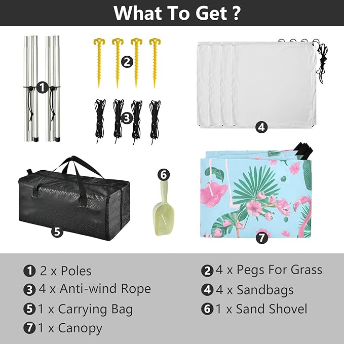 Beach Canopy with Windproof Ropes &amp Sandbags Beach Tent Sun Shade Sun Shelter for Camping Trips Fishing Backyard Fun or Picnics Flamingos