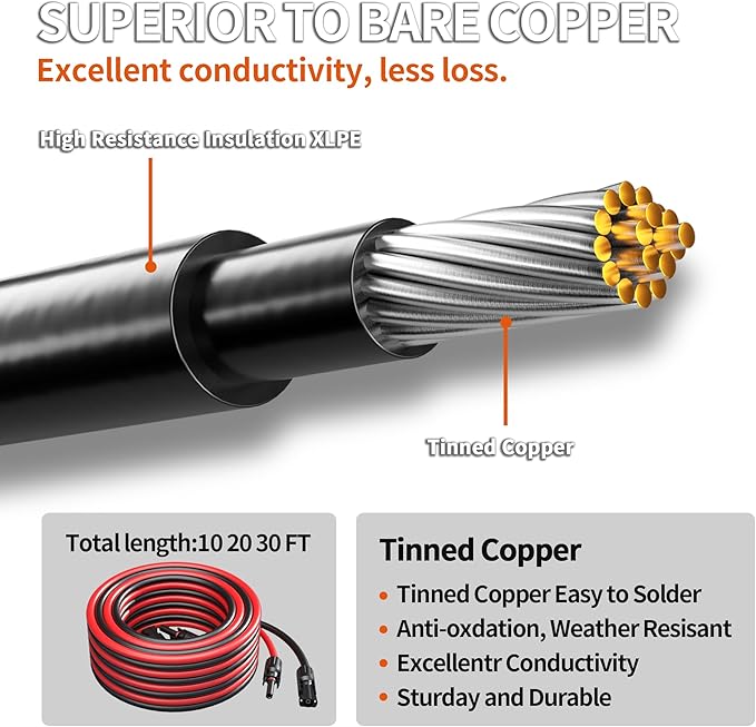 energeaster 10AWG Solar Cable with Pair of Connectors Solar Panel Adaptor Kit Tool Extension Cable10 Gauge WireRed and Black(20FT Red + 20FT Black)