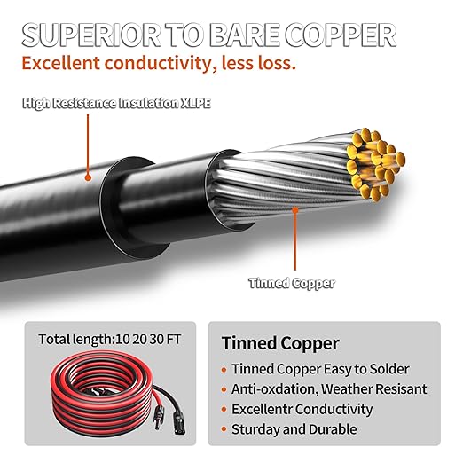 energeaster 10AWG Solar Extension Cable with Pair of Connectors Solar Panel Adaptor Kit Tool Solar Panel Extension Cable10 Gauge WireRed and Black(30FT Red + 30FT Black)