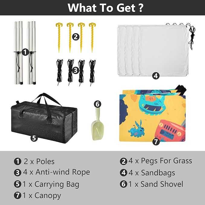Hand Drawn Truck Car Pattern Cute Beach Canopy UPF50 Waterproof Sun Shelter Includes Sand Shovel Sandbags Stability Poles for Camping Picnics Backyard &amp Fishing