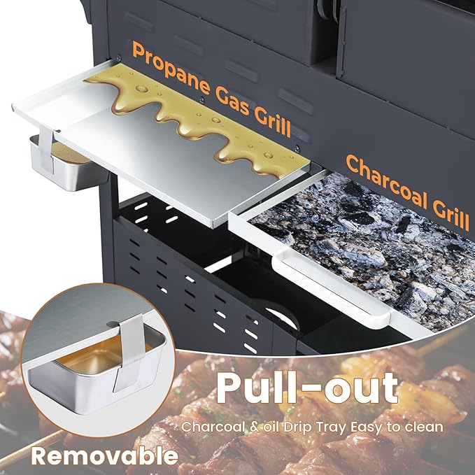 3-Burner Propane Gas BBQ Charcoal Grill Combo with Side Burner 37230BTU Stainless Steel Barbecue Grill With Enameled Cast Iron Cooking Grids For Outdoor Camping