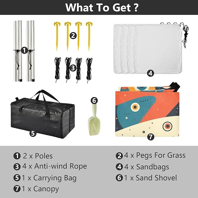 Dino Pattern Foldable Beach Canopy UPF50+ Waterproof Large Portable Sun Shelter with Sandbags and Shovel for Camping Picnics Backyard &amp Fishing