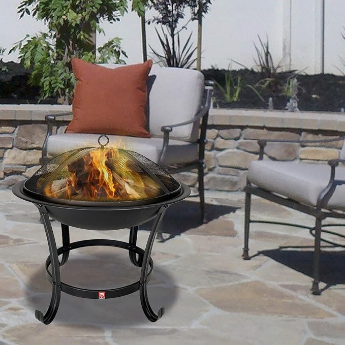 FireBeauty Fire Pit BBQ Grill Pit Bowl with Mesh Spark Screen CoverPoker