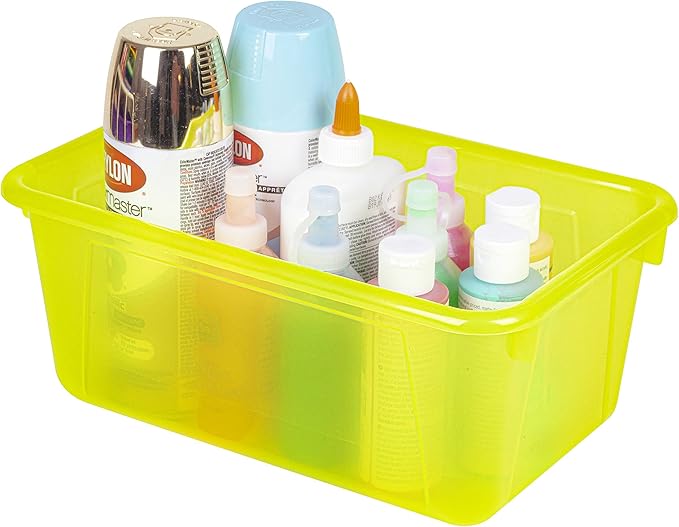 Storex Small Cubby Bins – Plastic Storage Containers for Classroom with Non-Snap Lid 12.2 x 7.8 x 5.1 inches Tint Yellow 5-Pack (62482A05C)