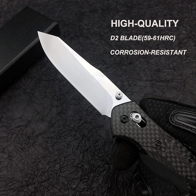 HUAAO 7.7in EDC Pocket Knife 3.6in Reverse Tanto Blade with Thumb Stud Plain Edge D2 Steel Black Carbon Fiber Handle with Belt Clip Mechanism for Outdoor Camping
