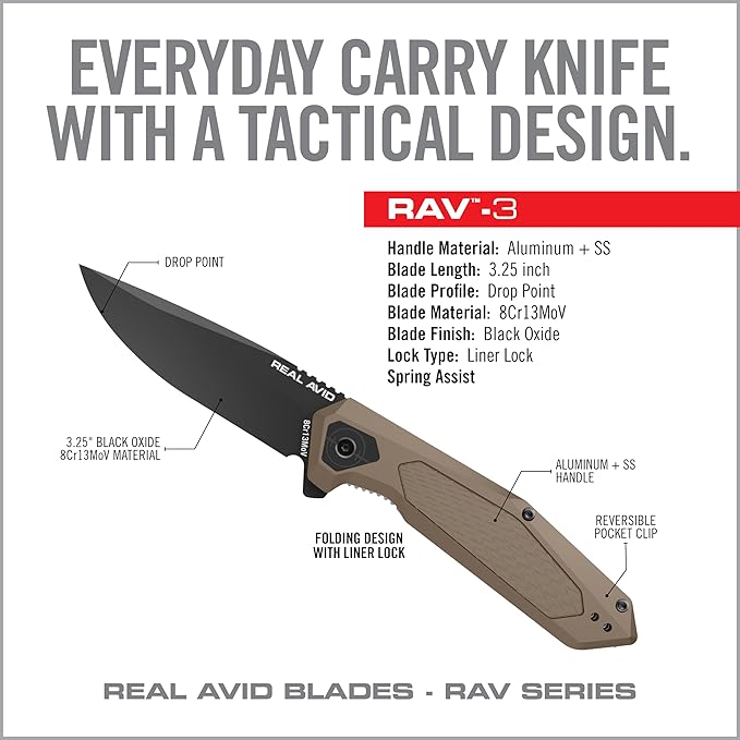 Real Avid RAV-3 EDC Knife | Pocket Knife 3.25 Drop Point Blade 8Cr13MoV Steel Durable Knife with Aluminum Handle + SS and Black Oxide Finish