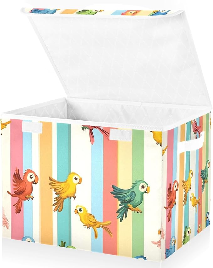 Cute Parrots Storage Cube Bins Basket with Lid Collapsible Flip-top Fabric with Handle for Home Bedroom Closet Office 16.5×12.6×11.8 in