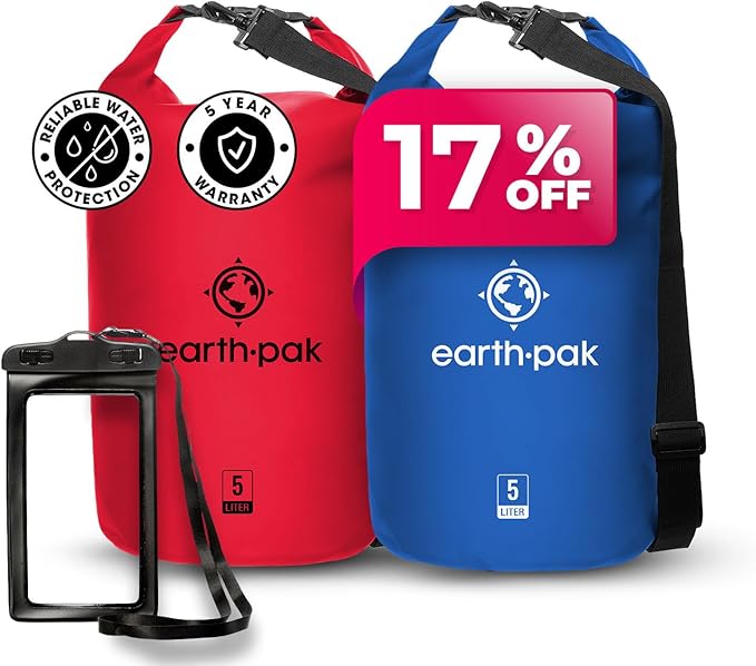 Earth Pak Waterproof Dry Bag - Roll Top Waterproof Backpack Red 5L &amp Blue 5L