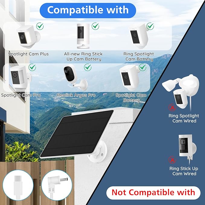 Solar Panel for Ring Camera 2 Pack Solar Panel Charger Compatible with Ring Stick Up Cam/Pro Spotlight Cam Plus/Pro Waterproof IP65 10FT Cable 5W 6V High Efficiency Fast Charging(New Generation)