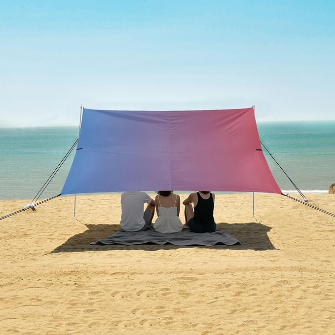 Blue Red Gradient Beach Tent &amp Canopy UPF50+ Protection Water-Resistant Large Sun Shelter with Sandbags Sand Shovel Poles for Camping Picnics Backyard