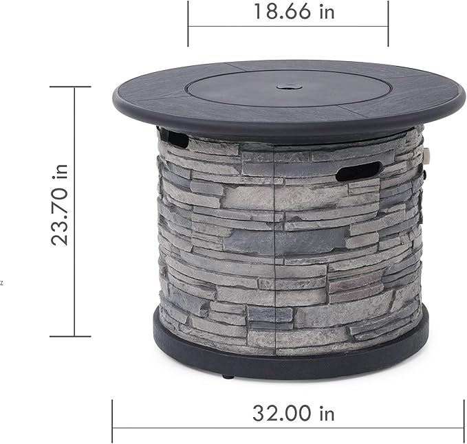 32-Inch Outdoor Porcelain Tile Propane Fire Table with Natural Gas Conversion Kit 50000 BTU Gas Fire Pit Table Concrete Composite Base with Faux Stacked Stone Texture Lid Lava Rocks Cover