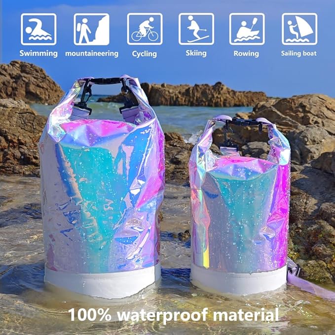 10L PVC Holographic Waterproof Dry Bag Double Shoulder Strap Beach Swimming Backpack Crossbody Waterproof Bucket Bag for Kayaking Boating and Outdoor Sports (10L)