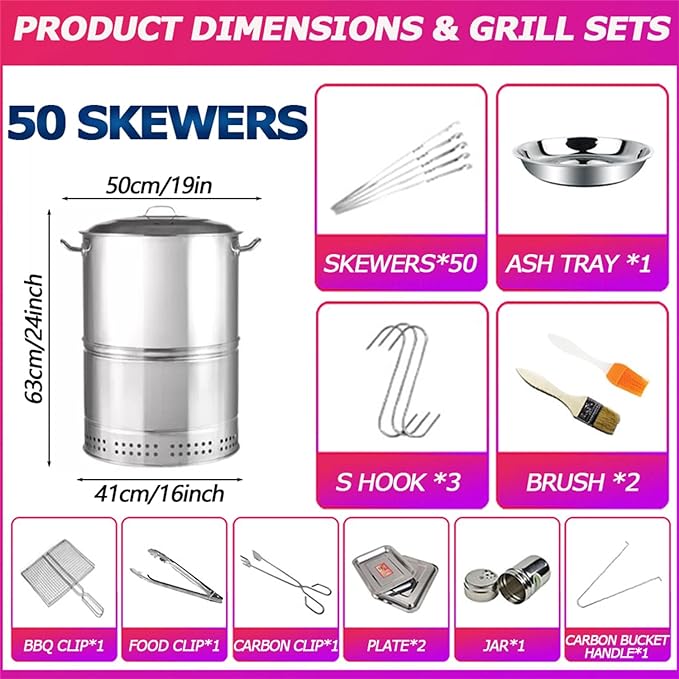 Large Portable Charcoal Grills Stainless Charcoal BBQ Grill Barrel 360° Smokeless Outdoor Barbecue Grill for Travel Outdoor Cooking and BBQ Camping Grill Picnic Patio Backyard