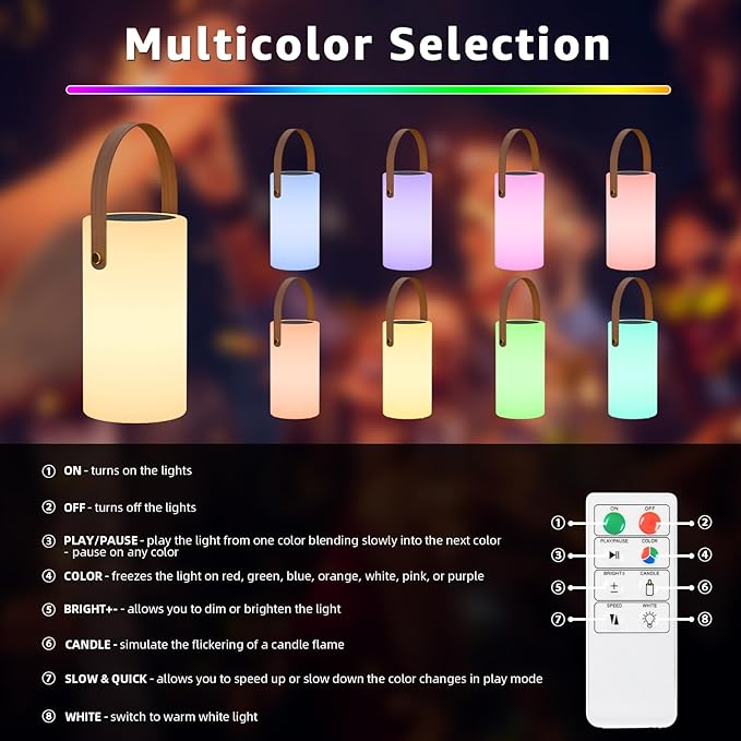 Portable Solar Table Lamp 2 in 1 Charging Outdoor Lantern with Remote RGB Cordless Lights Water-Resistant IP44 for Patio Terrace Camping Garden Balcony