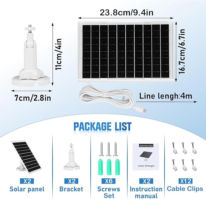 8W Solar Panel Charger for Outdoor Security Cameras with Micro USB/USB-C and DC (35 x 135) Port Fits Ring/Eufy/Wyze/Bird Feeder Camera 13ft Cable Fast Charging (2 Pack)