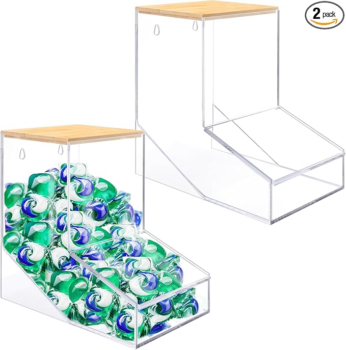 JYPS Laundry Box Acrylic Dishwasher Pod Holder with 2 Lids Powder Dispenser Drying Ball Beads Soap Storage Case for Room Table/Wall Mounted Snack Candy Storage (2pcs-normal)