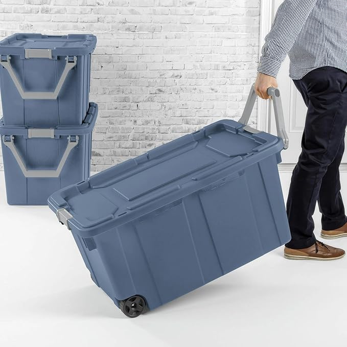 40 Gallon Wheeled Industrial Tote Rugged Plastic Storage Bin Latch Lid Blue 2 Count