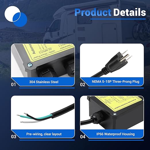 15 Amp Transfer Switch Dual Power Automatic Transfer Switch Relay ATS for RV Home Generator Inverter