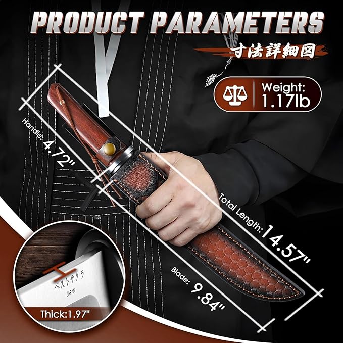 Tanto Fixed Blade Knife - Japanese Outdoor Survival Knives with Leather Sheath 5mm Thick Full Tang Bushcraft Knife for Camping Hiking Premium Gifts for Men
