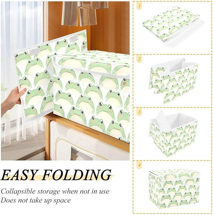Frogs Storage Cube Bins Basket with Lid Collapsible Flip-top Fabric with Handle for Home Bedroom Closet Office 16.5×12.6×11.8 in