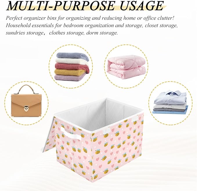 Honey Bee Lidded Home Storage Bins Closet Storage Bins Foldable Oxford Fabric Storage Box for Home Bedroom Closet Office (16.5x12.6x11.8 in)