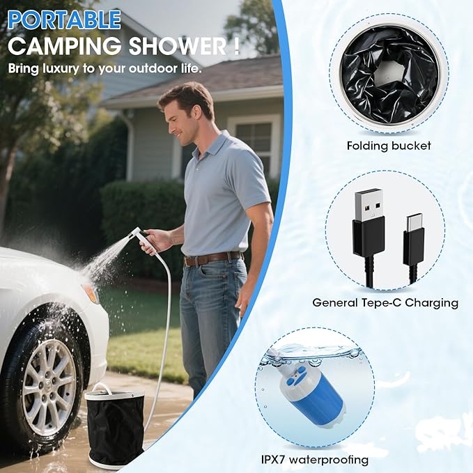 Portable Camping Shower Outdoor Shower Kit Hose Spray Gun &amp Folding Bucket Rechargeable Battery Powered Portable Shower for Camping Hiking BeachRVPet Cleaning &amp Road Trips