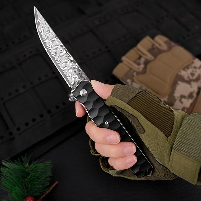 AUBEY Damascus Pocket Knife with Clip Tanto Blade Damascus Steel Folding Knives for Men Tactical Aluminum Handle with Glass Breaker for EDC Camping