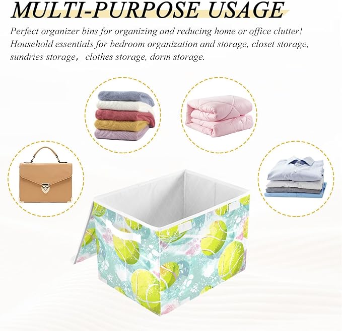 Yellow Blue Pink Tennis Fresh Storage Box with Lid 1 PC Foldable Storage Bin with Lids Stackable Storage Bins Cube Closet Organizer Basket with Flip-Top Lid &amp Handles for Shoes Books Towels