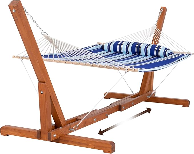SUNCREAT Two Person Hammock with Stand Included Heavy Duty Free Standing Hammocks Outdoors for 2 Person Max 475lbs Capacity Blue Stripes