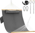 Lazy Daze Hammocks 2 Person Double Quilted Fabric Hammock with Spreader Bar Detachable Pillow Side Pocket Carabiners Chains Straps for Outdoor 450lbs Capacity Grey