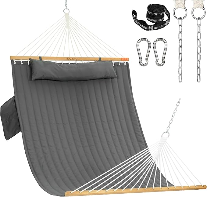 Lazy Daze Hammocks 2 Person Double Quilted Fabric Hammock with Spreader Bar Detachable Pillow Side Pocket Carabiners Chains Straps for Outdoor 450lbs Capacity Grey