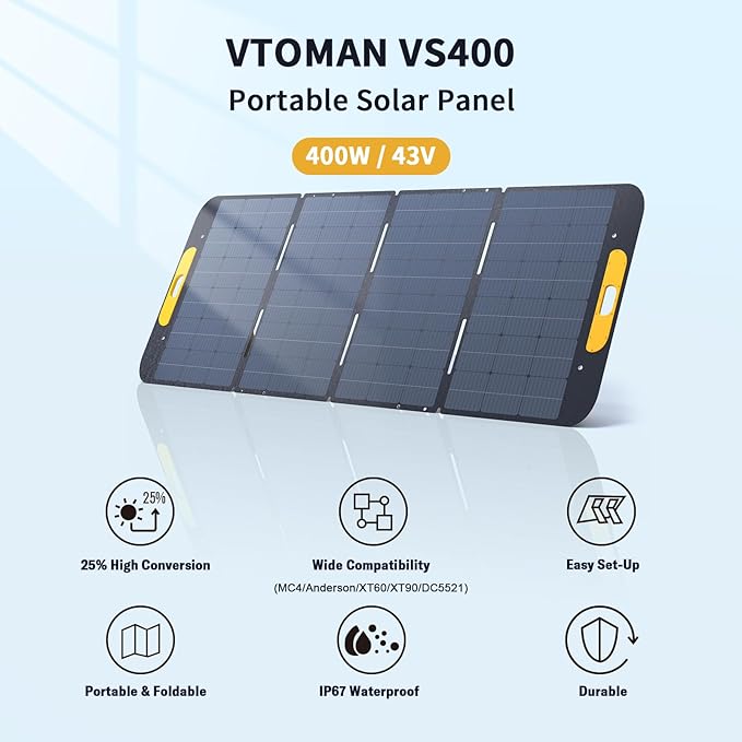 VTOMAN VS400 Portable Solar Panel 400W 40V 23% Efficiency Foldable Solar Panel w/ IP67 Waterproof &amp MC-4 Anderson XT60 DC5521 Adapters &amp Adjustable Kickstands Off-Grid Power for Home &amp C