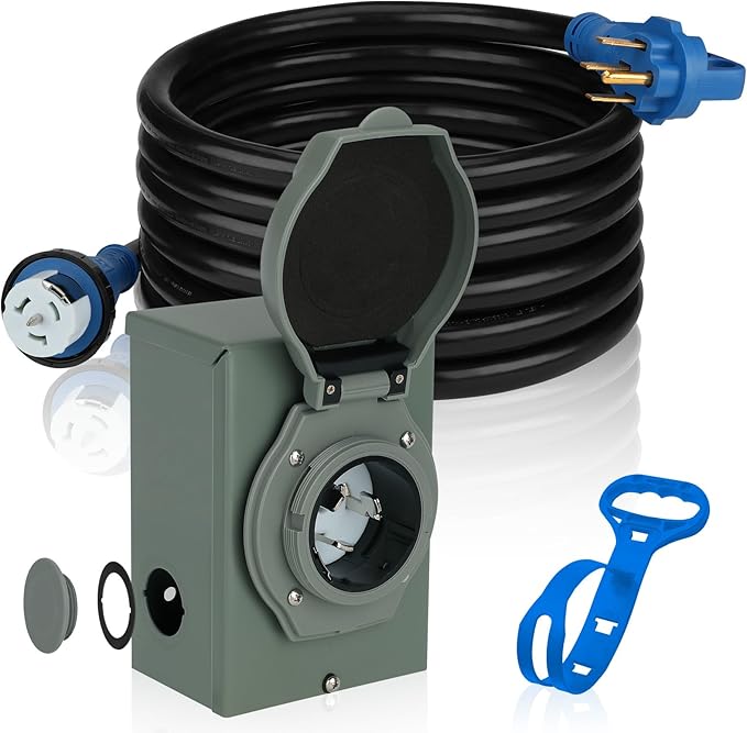 Rundik 50 Amp SS2-50P Generator Power Inlet Box with 15FT Generator Cord Pre-Drilled NEMA 14-50P Male to SS2-50R 125/250V 12500 Watts Generator Transfer Switch ETL Listed Weatherproof Outdoor Use