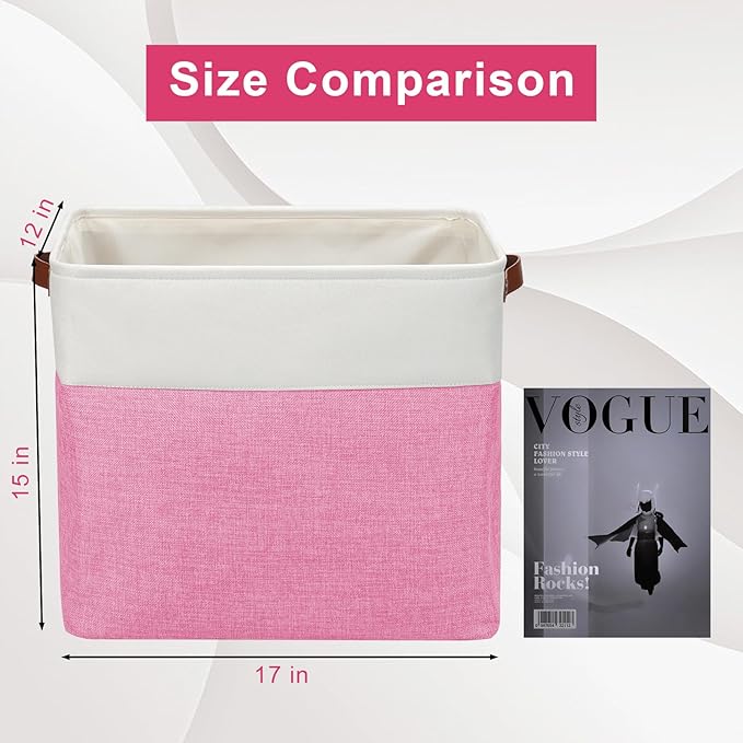 Large Fabric Storage Baskets | 50L Storage Bins Decorative Linen Closet Baskets with Handles for Organizing Shelf Toys Clothes Home Office Nursery 17x12x15Inches (Pink&ampWhite)