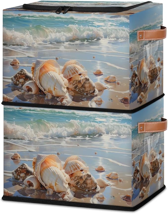 Clothes Storage Bins with Metal Frame Shell Beach Storage Boxes with Zipper Lids Collapsible Cube Clothing Storage Bag with Leather Handle Closet Clothes Organizer Container