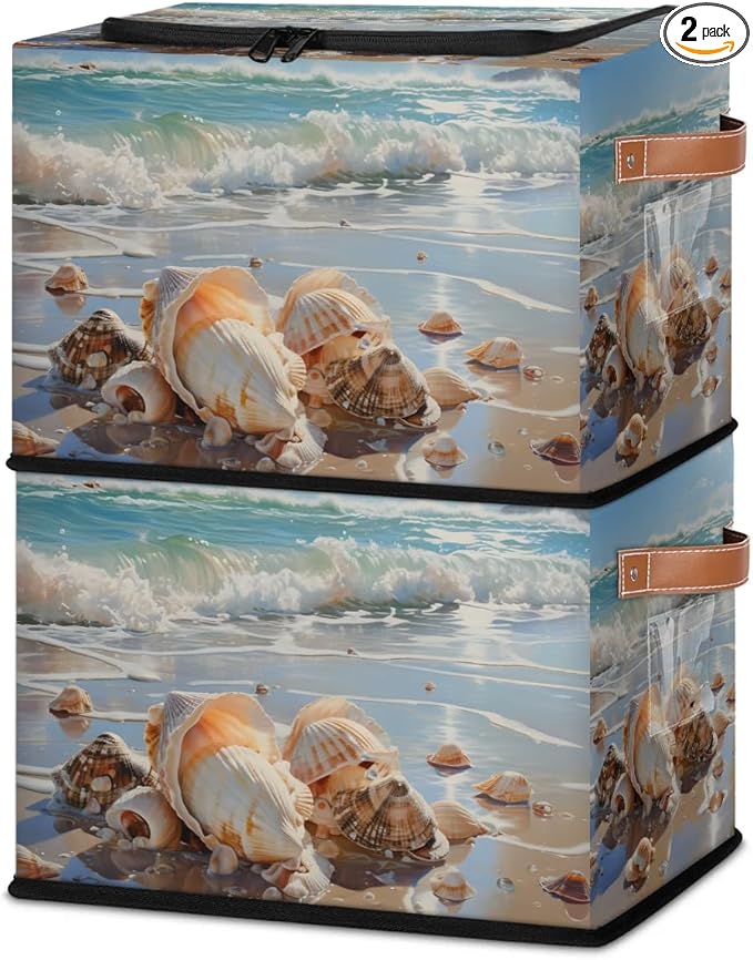 Shell Beach Storage Bins with Zipper Lid 2pcs Stackable Storage Baskets Boxes with Metal Frame Closet Storage Cube Bin Organizer with PU Handles Clothes Storage Bag