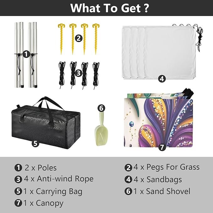 Mardi Gras Carnival Beach Tent Sun Shelter Set UPF50+ UV Protection 10.5 x 9.19 FT Camping Shade Canopy with Sandbags Sand Anchors Carrying Bag and Others