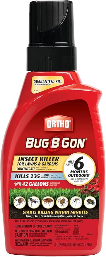 Ortho Bug B Gon Insect Killer for Lawns and Gardens Concentrate (Kills 230+ Insects Including Mosquitoes Fleas Ticks &amp Ants. Use in Lawns Trees Shrubs Vegetables and Fruit Trees) 32oz