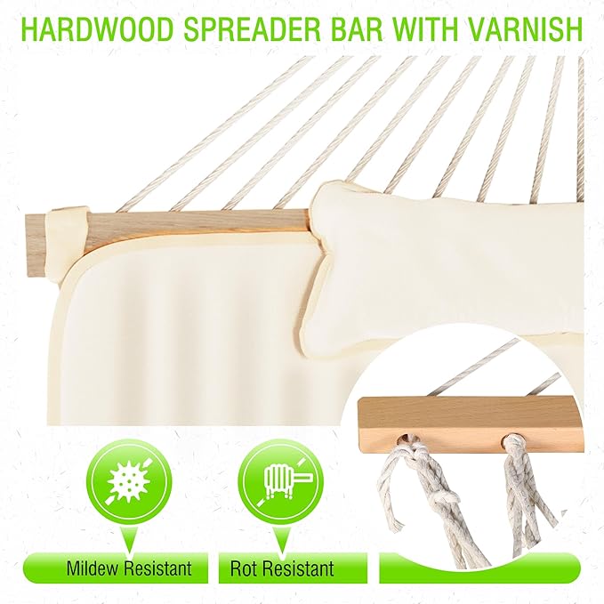 MUPATER 12FT Double Hammock with Stand Included 2 Person Outdoor Quilted Hammock with Stand Rope with Pad and Pillow hamacas para adultos White