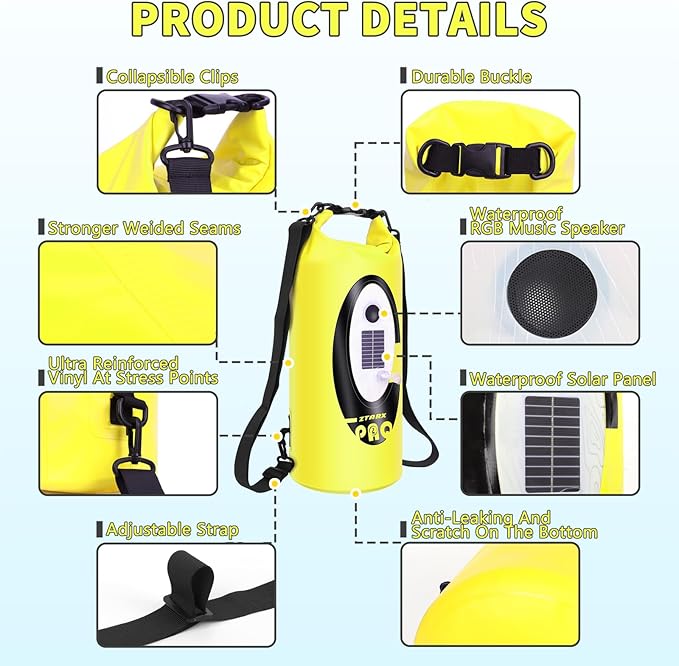 FELICON Solar/Battery Multi-Functional Backpack with Bluetooth SpeakerIP66 Waterproof Dry BagHeavy Duty Roll Top ClosureLarge Capacity Bag for CampingHikingTraveling (Neon Yellow 10L)