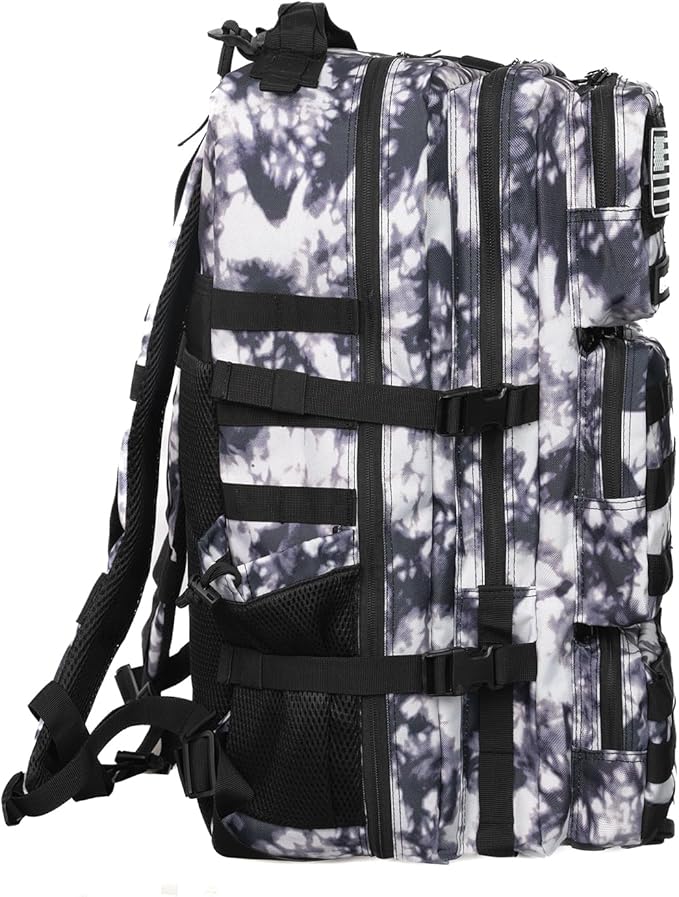 55L Military Tactical Backpack - Bug Out Bag with MOLLE System for Hiking(Black and white tie dye)