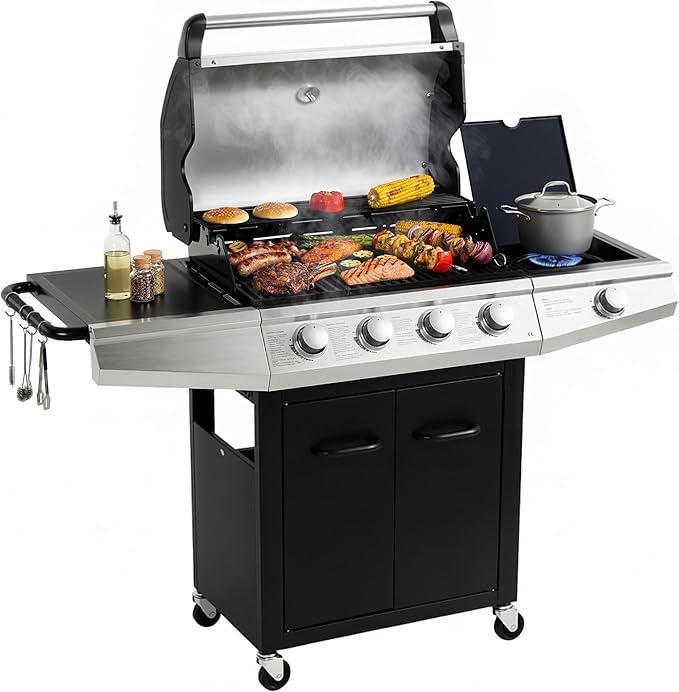 MASTER COOK 4+1 Burners Gas Grill 518 Sqin Cooking Area 52000 BTU Propane Grill with Side Burner Stainless Steel Cabinet Grill Black