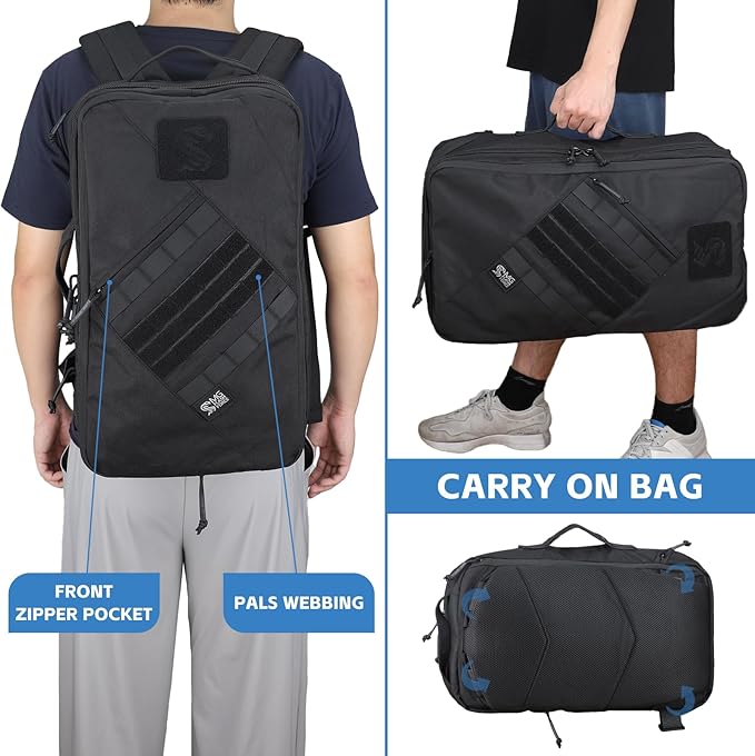 MGFLASHFORCE Tactical Travel Backpack for Men Molle Work Daypack Carry On Bag 15.6 Laptop Compartment Expandable 24L to 35L (Black)
