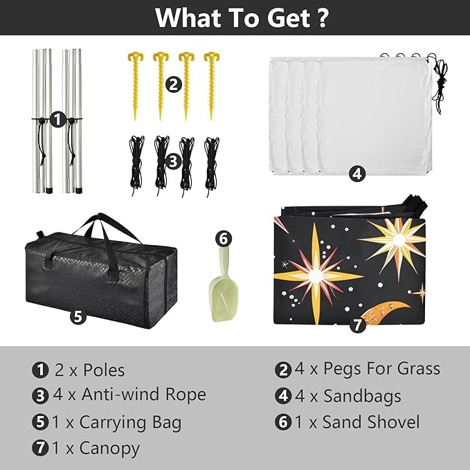 ALAZA Sun Moon Star Starry Sky Cartoon Beach Tent Sun Shelter UPF50+ Protection Beach Shade Canopy w/ 4 Sandbags for Outdoor Camping Fishing Backyard Fun Picnic 10x9 ft