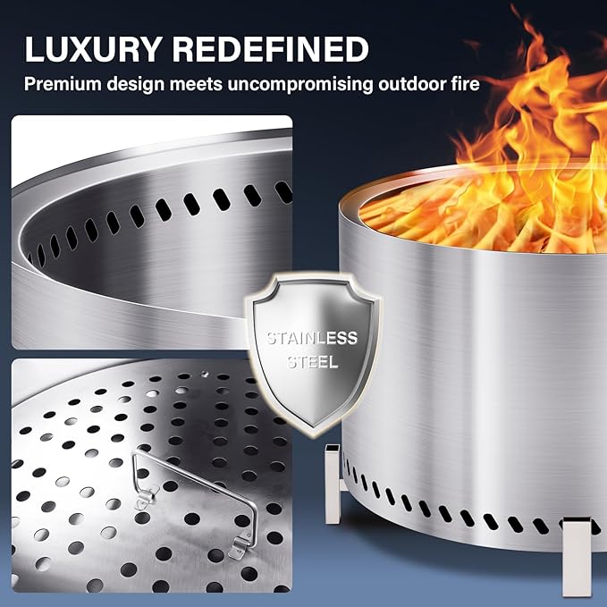 HGD 28 Inch Smokeless Firepit Large Stainless Steel Fire Pit Wood Burning Firepit for Patio Garden Picnic