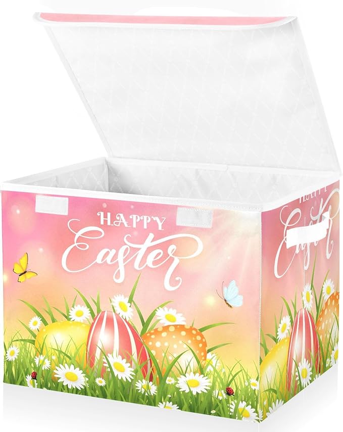 senya Easter Storage Baskets Collapsible Storage Bins with Lids Happy Easter Eggs and Butterfly Storage Boxes Clothes Baskets for Organizing