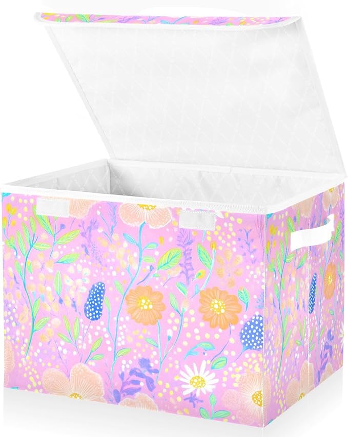 AIXIWAWA Lidded Storage Cube (Cartoon Florals) Fabric Foldable Closet Bins with Flip Lid and Handles Organizer Basket Container 16.5 x 12.6 x 11.8 IN