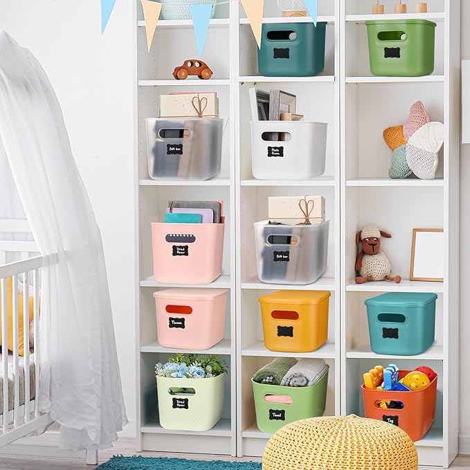 Thyle 12 Pack 7 Quarts Plastic Storage Bins Stackable Baskets with Lid and Handle with Label Colorful Desktop Box Toy Containers for Classroom Shelf Bedroom 10 x 7 x 6 Inch (Classic Color)
