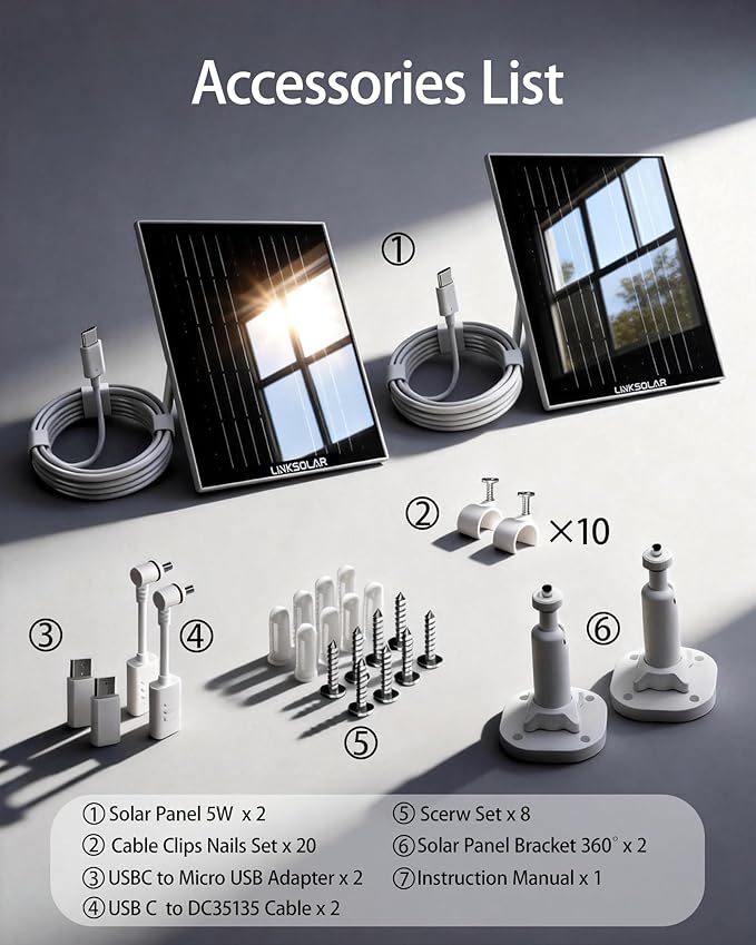 Dual 5W Solar Panels for Ring Camera Doorbell All-in-1 Glass Solar Charger for Outdoor Stick Up Battery Home Security Camera Micro USB/DC/USB-C Port 9.8ft Cable 360°Adjustable Bracket
